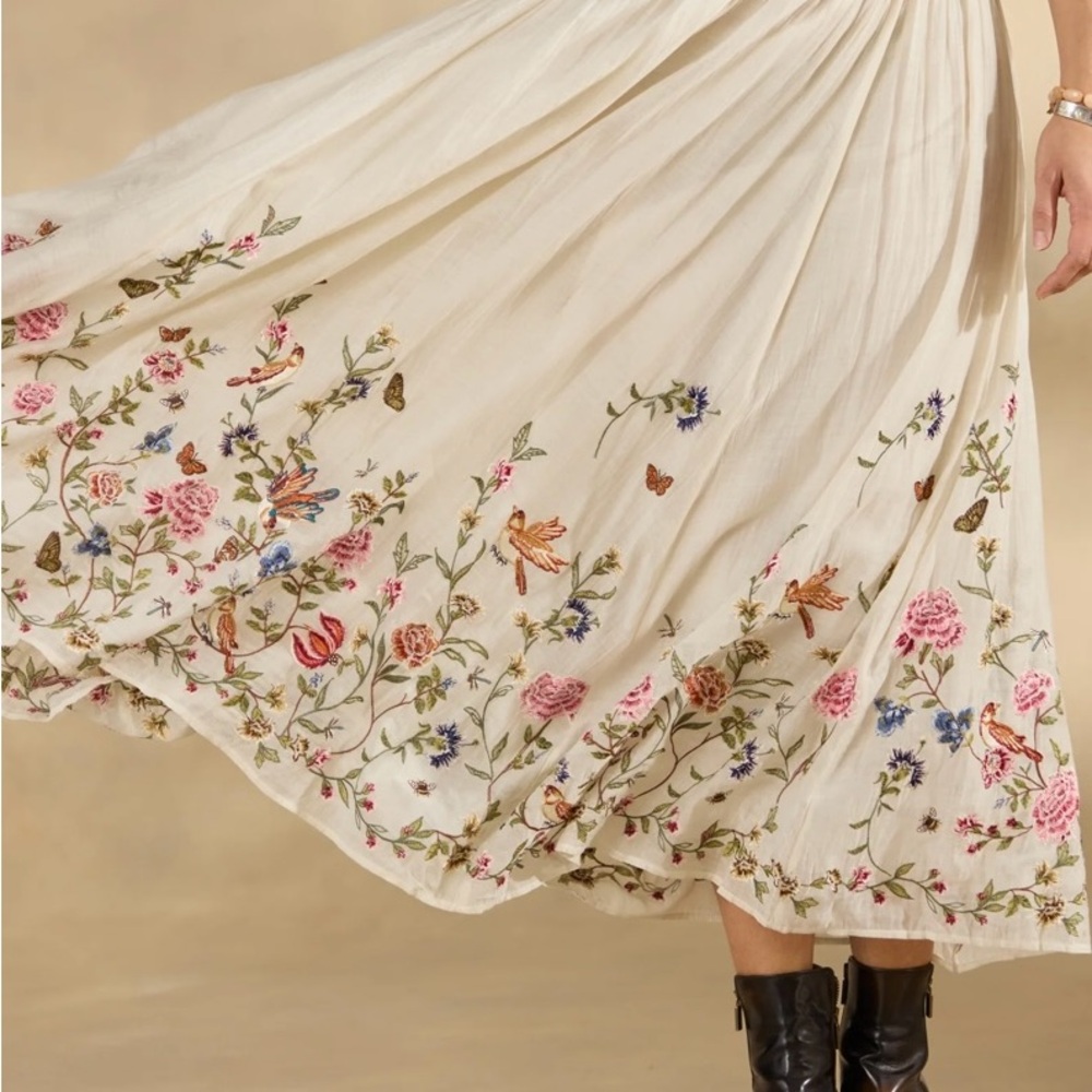 Sundance Romance Garden Cream Skirt Colorful Floral Birds Embroidered